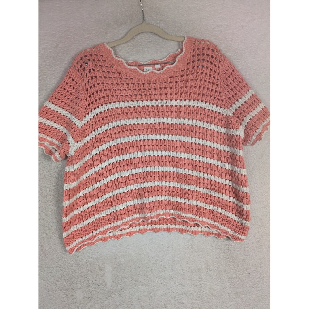 Gap Sweater Women's Large Pink Striped Crochet Knit Short Sleeve Scalloped Hem
